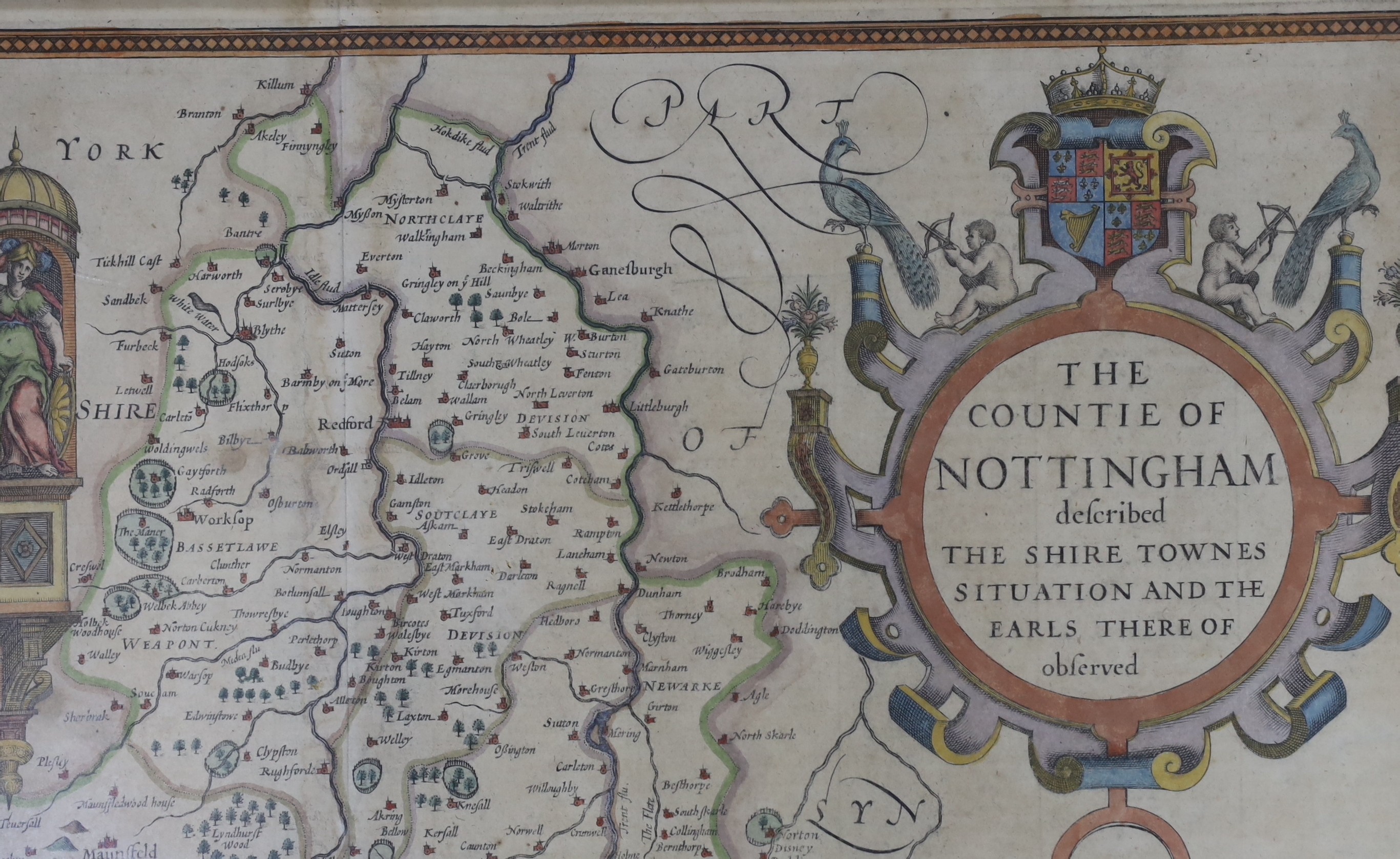 John Speede, coloured engraving, Map of Nottingham 1610, English text verso, 40 x 51cm